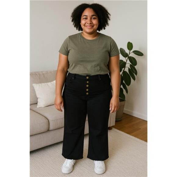 Mittoshop Twill High Waisted Button Fly Wide Leg Pants - Picture 4 of 5